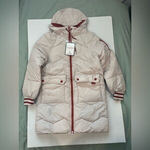 Women’s Cream and Red Long Puffer Coat with Hood